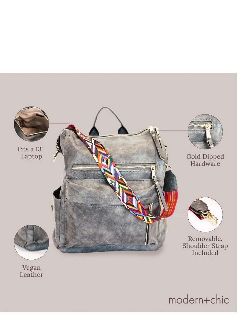 Modern+Chic Brielle Backpack Purse Convertible Bag Vegan Grey Removable Strap - Picture 11 of 11
